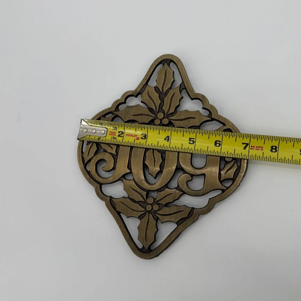 Vintage JOY Cast Iron Christmas Trivet Holly Brass Finish Wall Decor 8.5in
